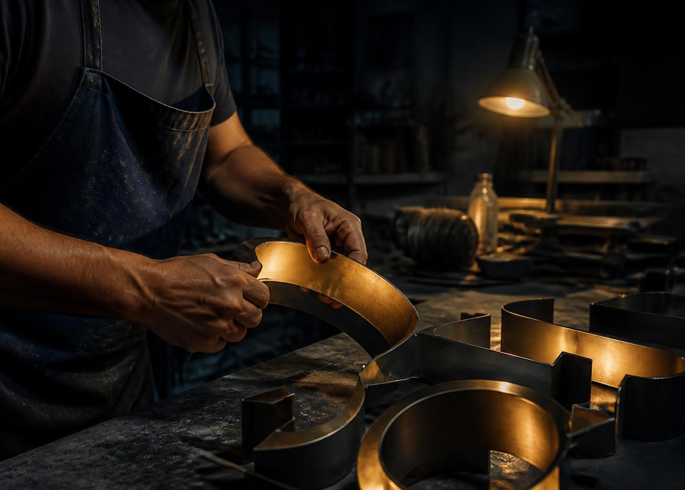 工廠中師傅雙手折製金屬發光字，暖色燈光下的製作現場